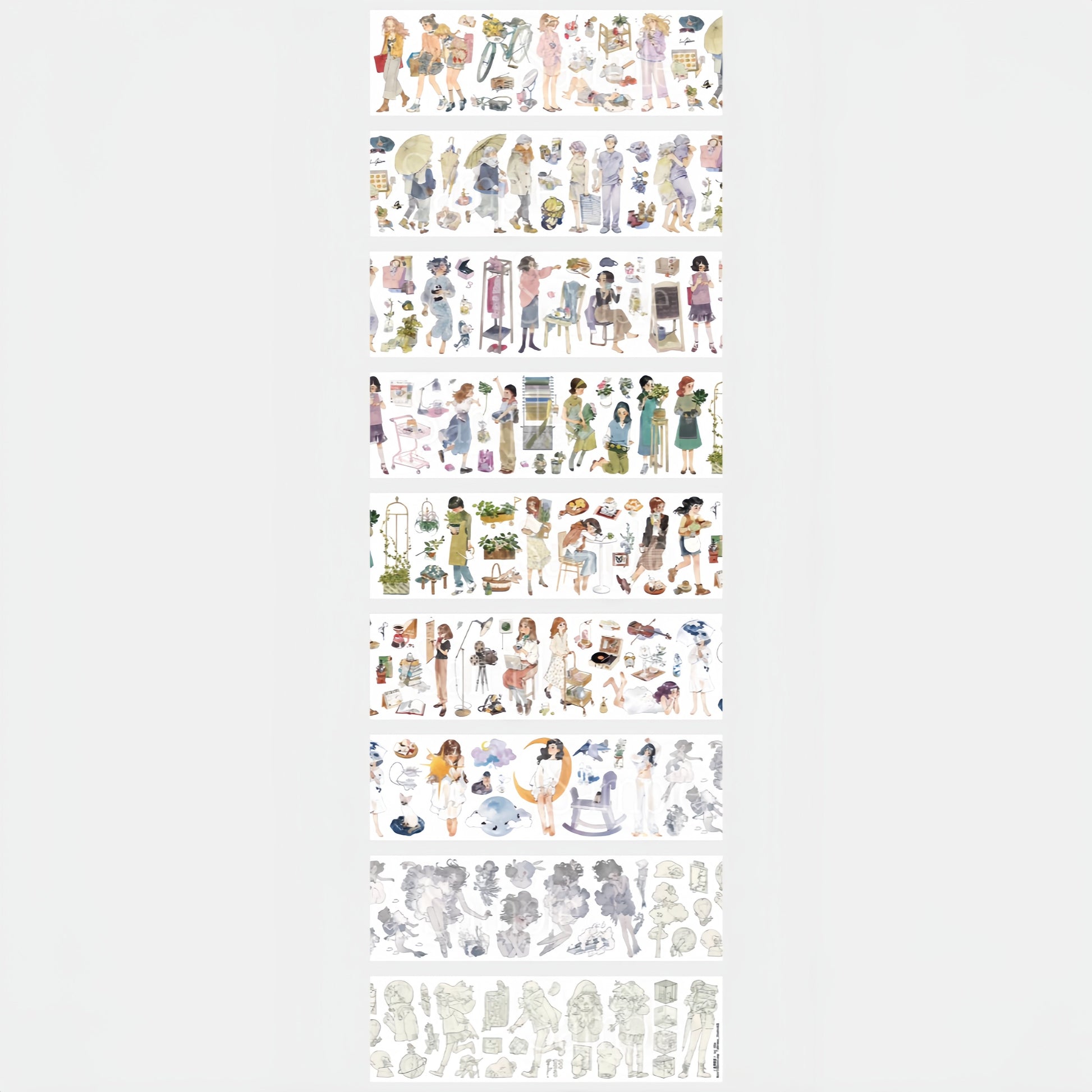 Washi tape of girls gardening and arranging flowers in soft vintage cottagecore illustrations
