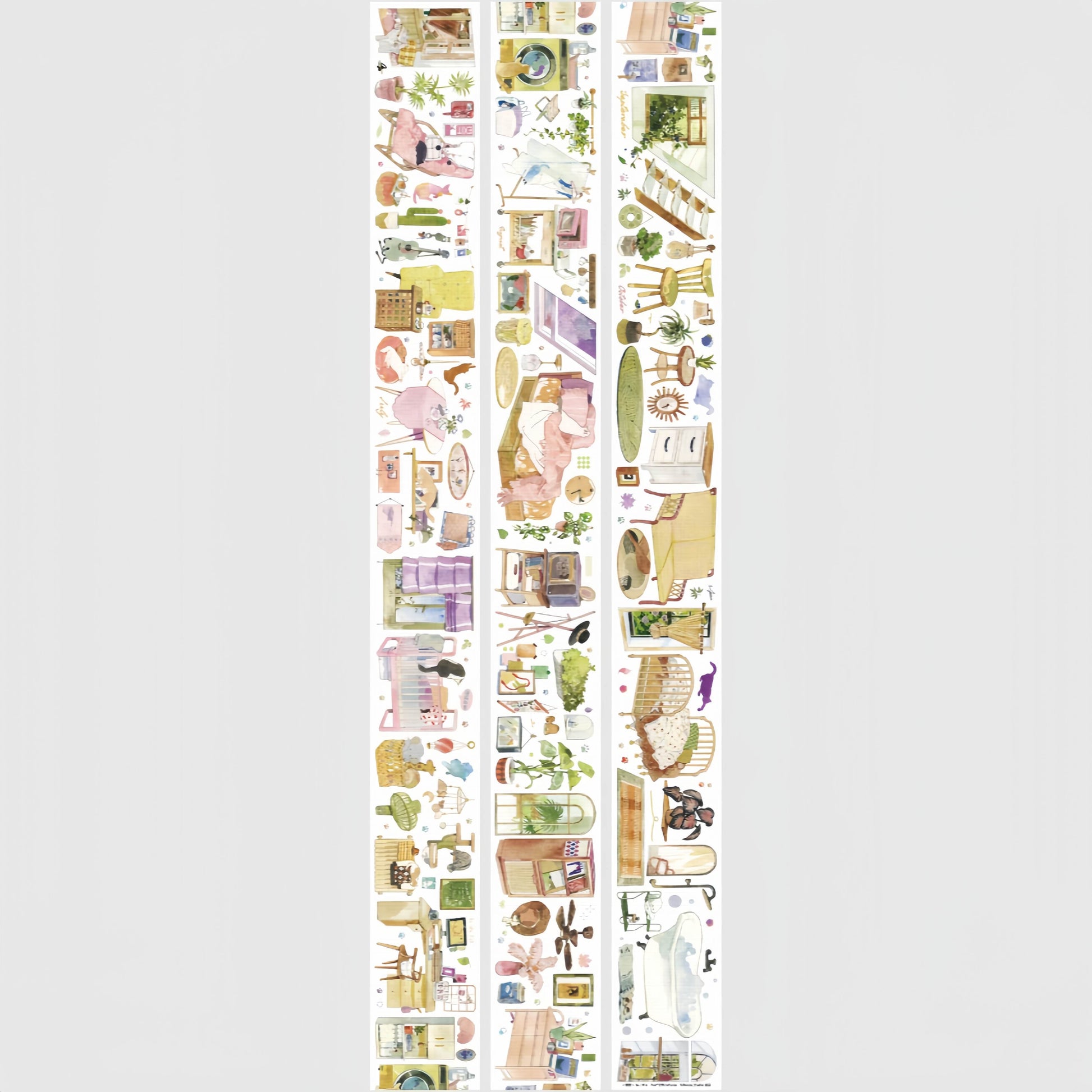 Washi tape of cozy home interior scenes with furniture, potted plants, laundry, and a cat
