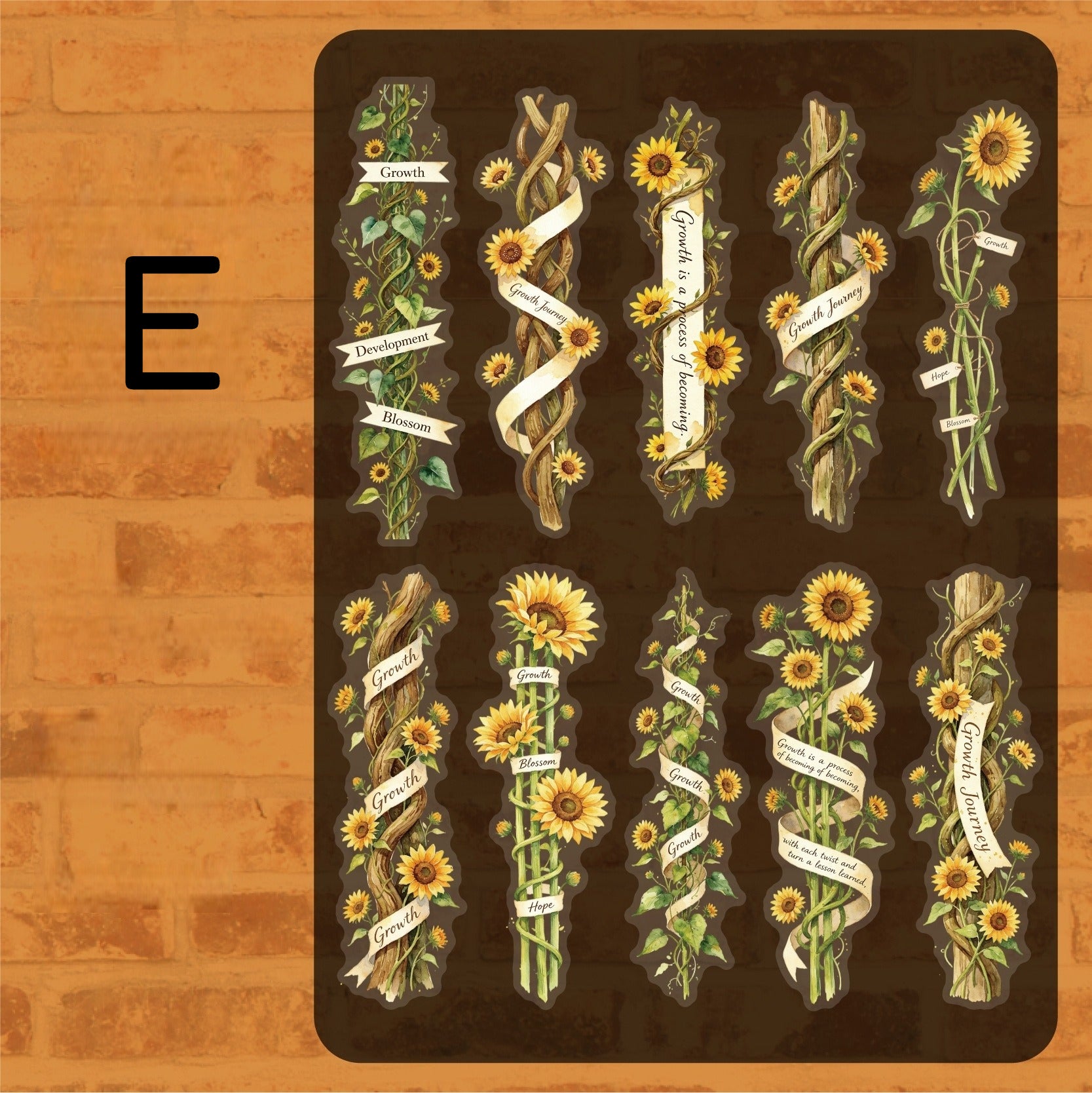 Style E vintage botanical flower sticker sheet with sunflowers, ribbons, and warm labels