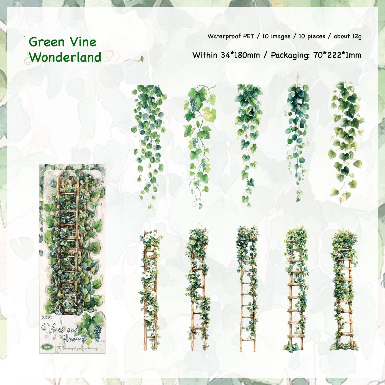 Vines and Flowers climbing vine sticker strips in red rose, orange, green, pink and blue colorways