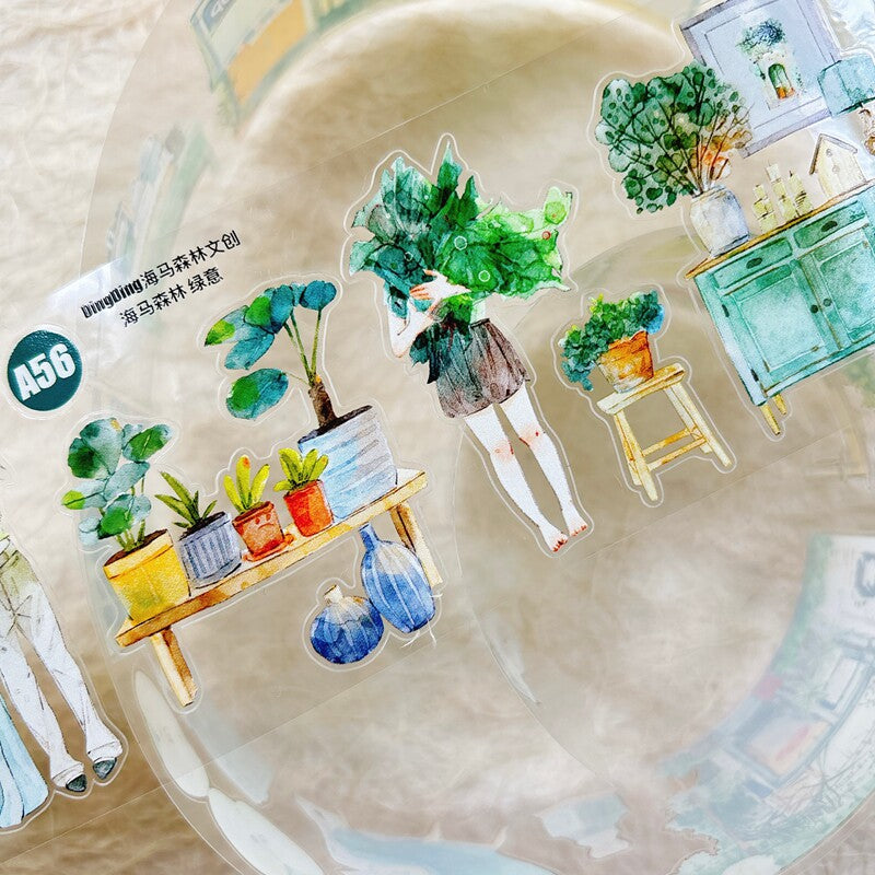 Greenery Home PET Tape with plants and interior decor illustrations
