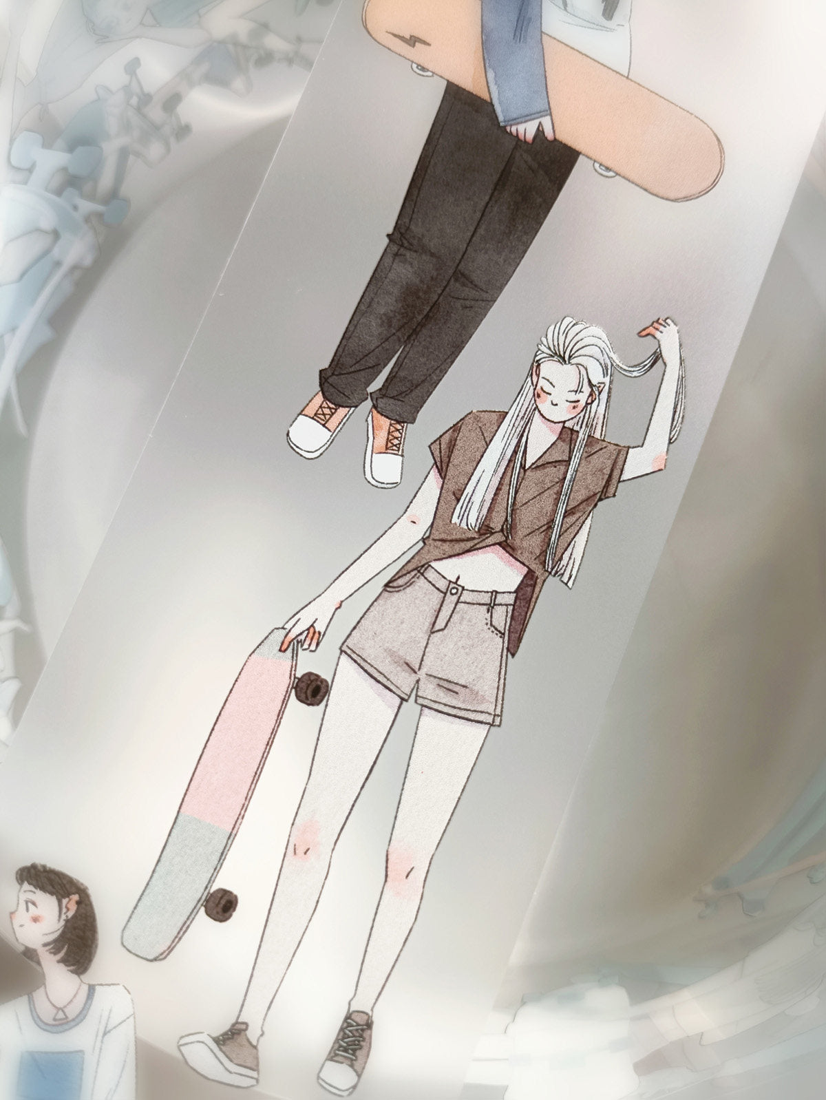 Illustrated girls skateboarding together in casual outfits