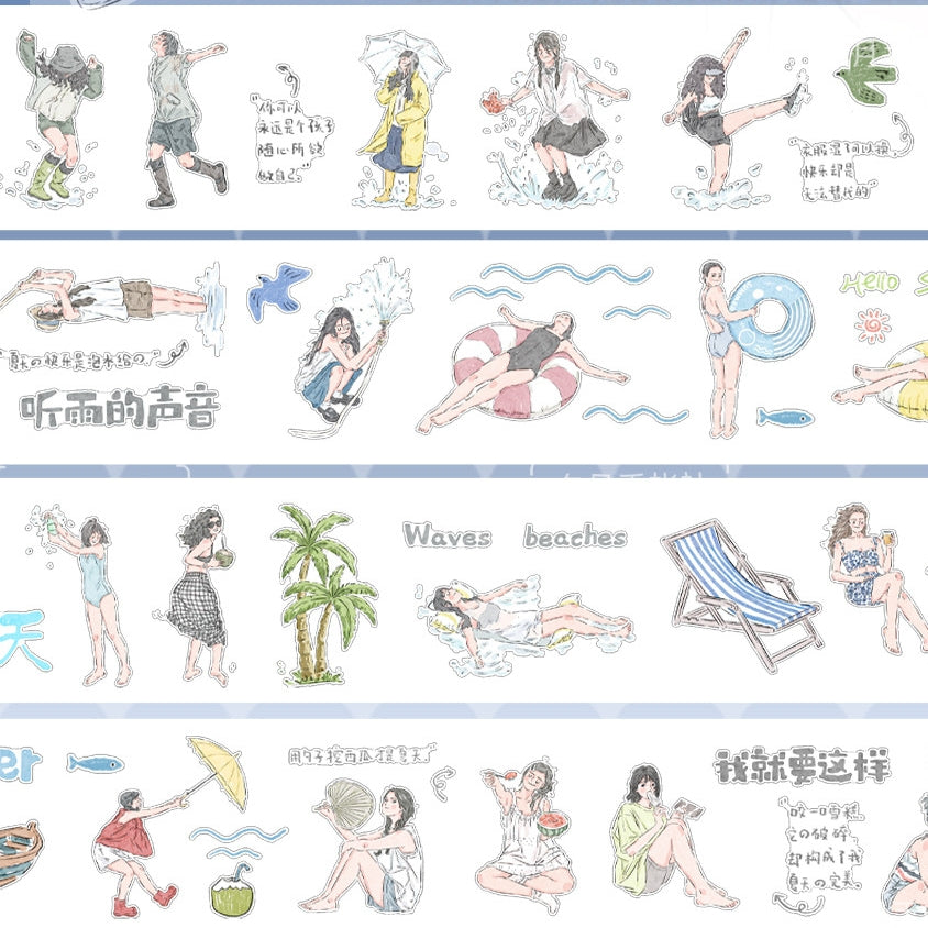 Summer Beach Character PET tape layout with beach girls, waves, and summer icons