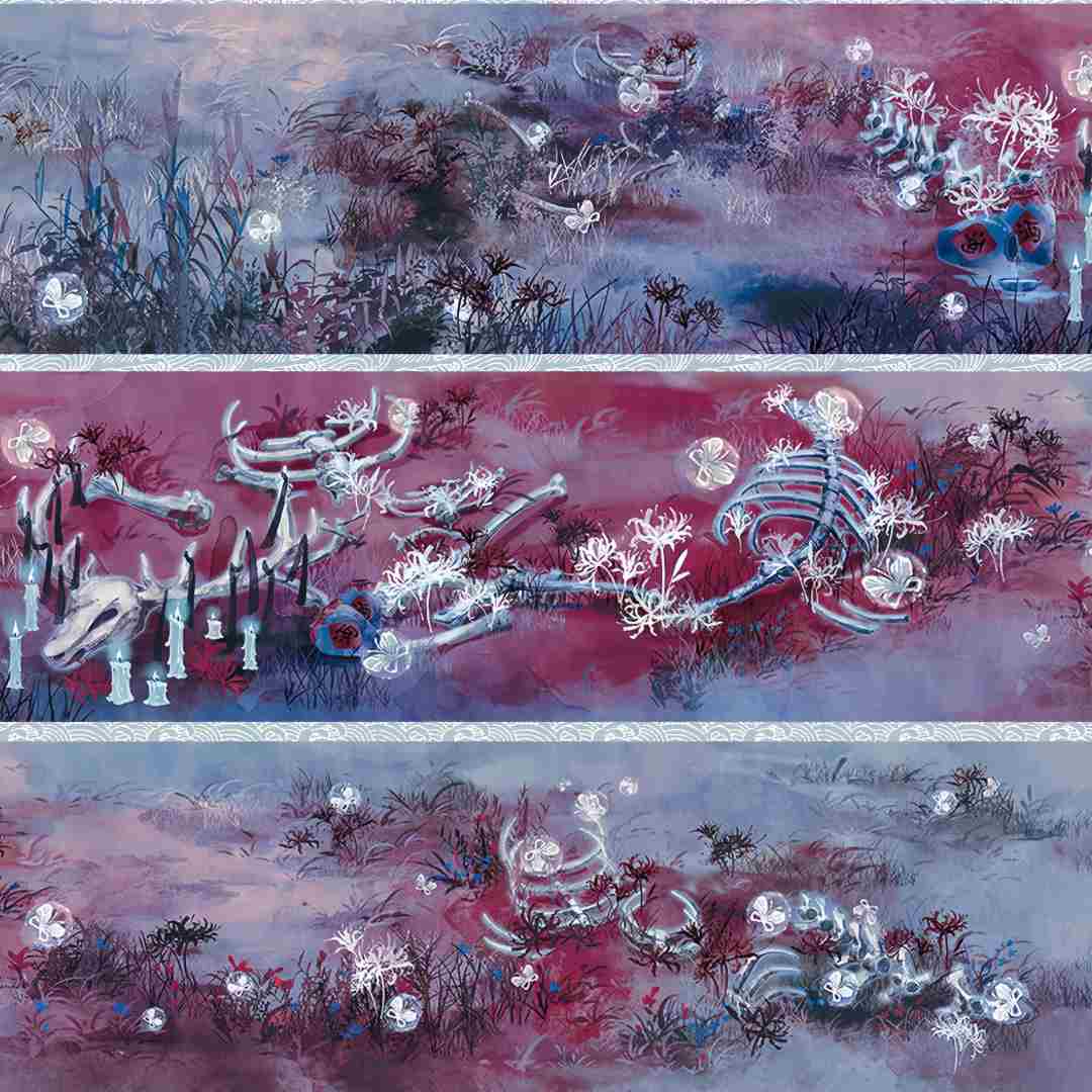 Withered bones gothic tape design in dusky violet and blue