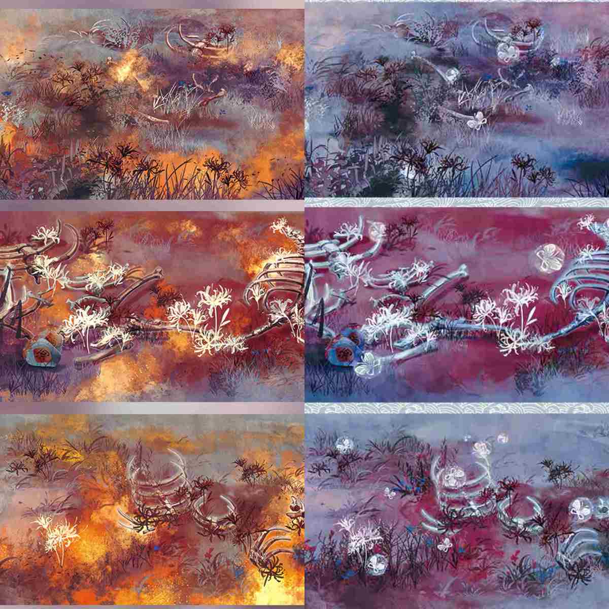 Withered bones tape strips with skeletons and flames in fiery and violet tones