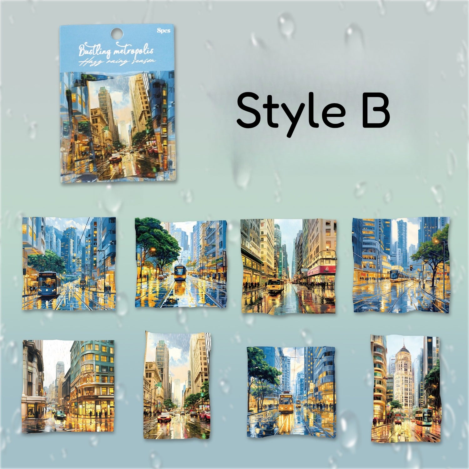 Misty Rain cityscape sticker pack with rainy streets, buildings, windows, and wet-weather scenes - image 6
