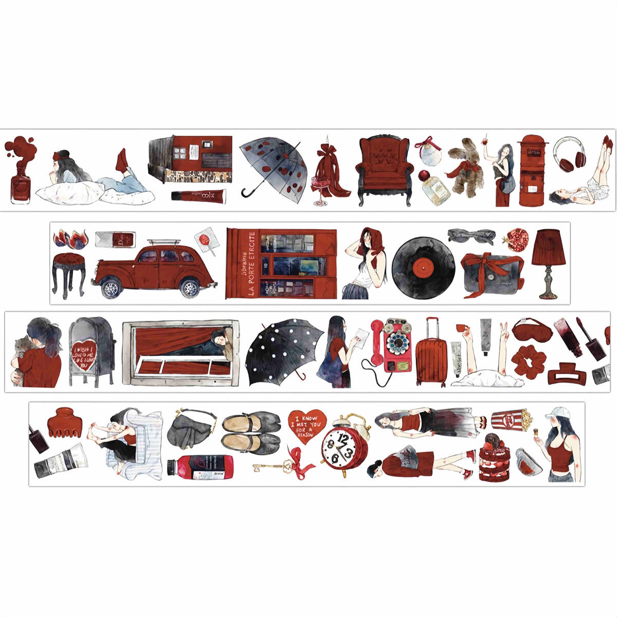 Four strips of red girl lifestyle tape design