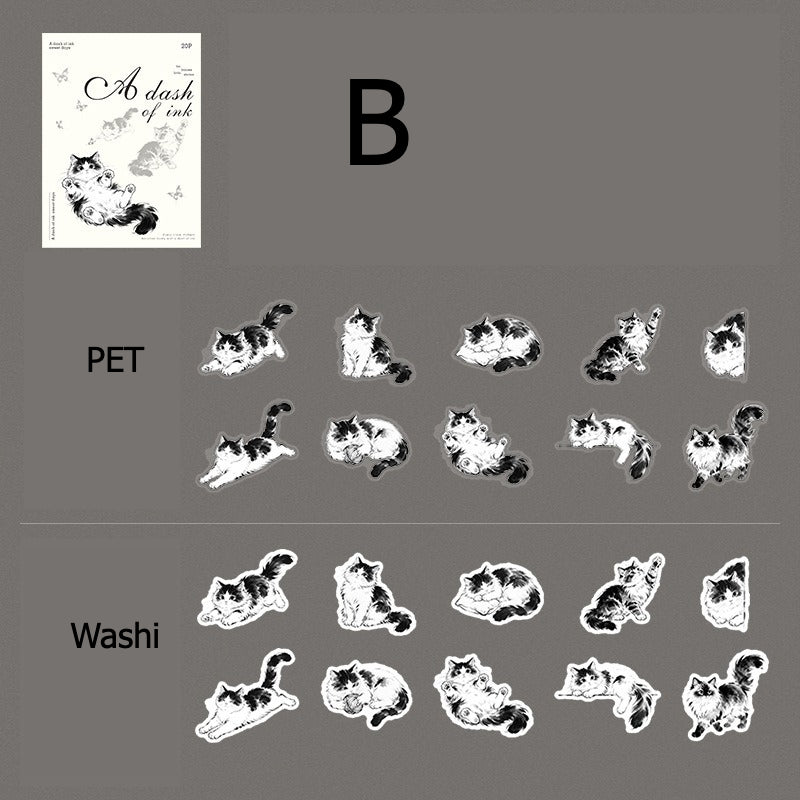 Minimalist ink-wash floral sticker design in soft monochrome tones