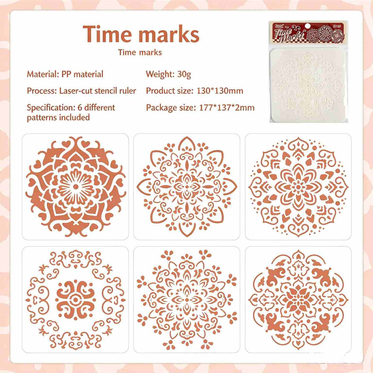 Time Marks set: six mandala stencil designs