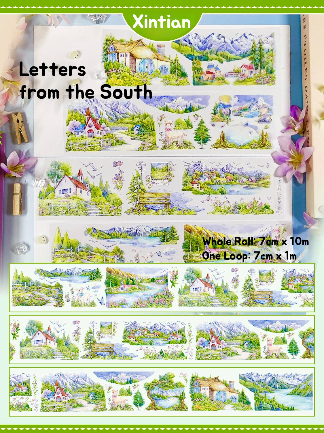 Vibrant XINTIAN Scenery Series PET washi tape displaying serene seaside towns and lush valleys in watercolor style.