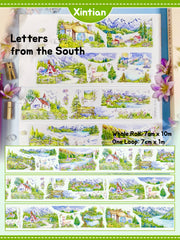 Vibrant XINTIAN Scenery Series PET washi tape displaying serene seaside towns and lush valleys in watercolor style.