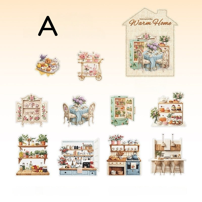 Style A cozy home sticker sheet with shelves, plants, bathtub, kitchen, and room vignette pieces
