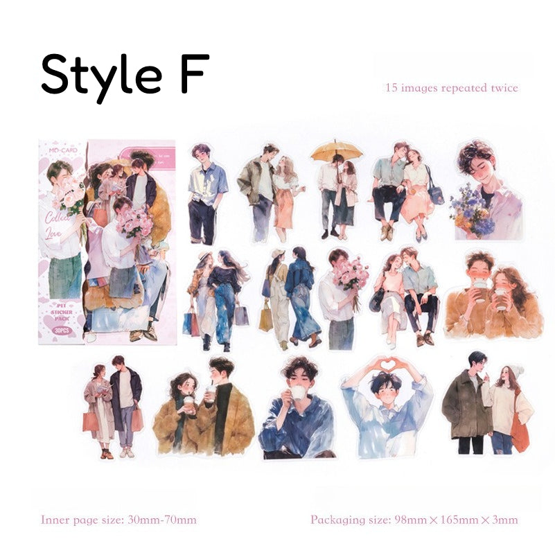 PET sticker pack with Korean fashion character girls, casual outfits, coffee, cakes, flowers, pets, and lifestyle details