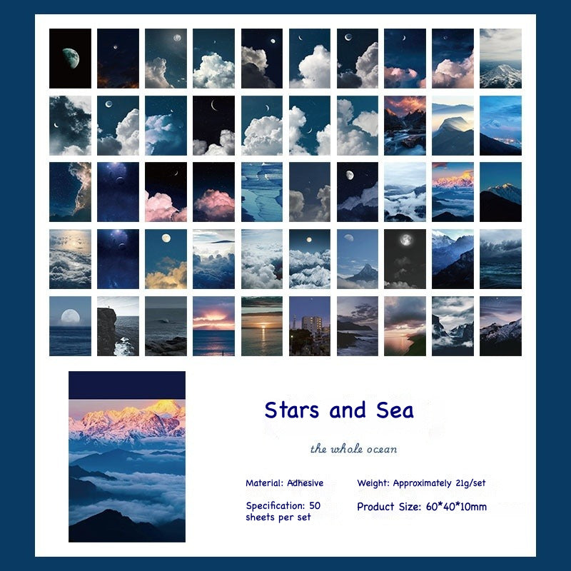 Sky and night photography sticker booklet – starry night, sunset glow, moon and purple cloud scenes