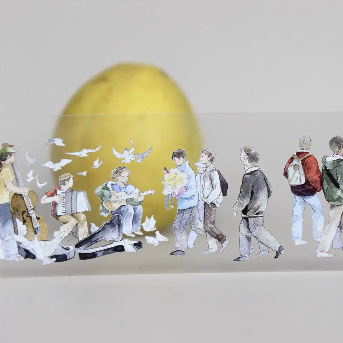 Watercolor PET tape with city wanderer characters, street musicians, cyclists, pets, umbrellas, and everyday urban scenes
