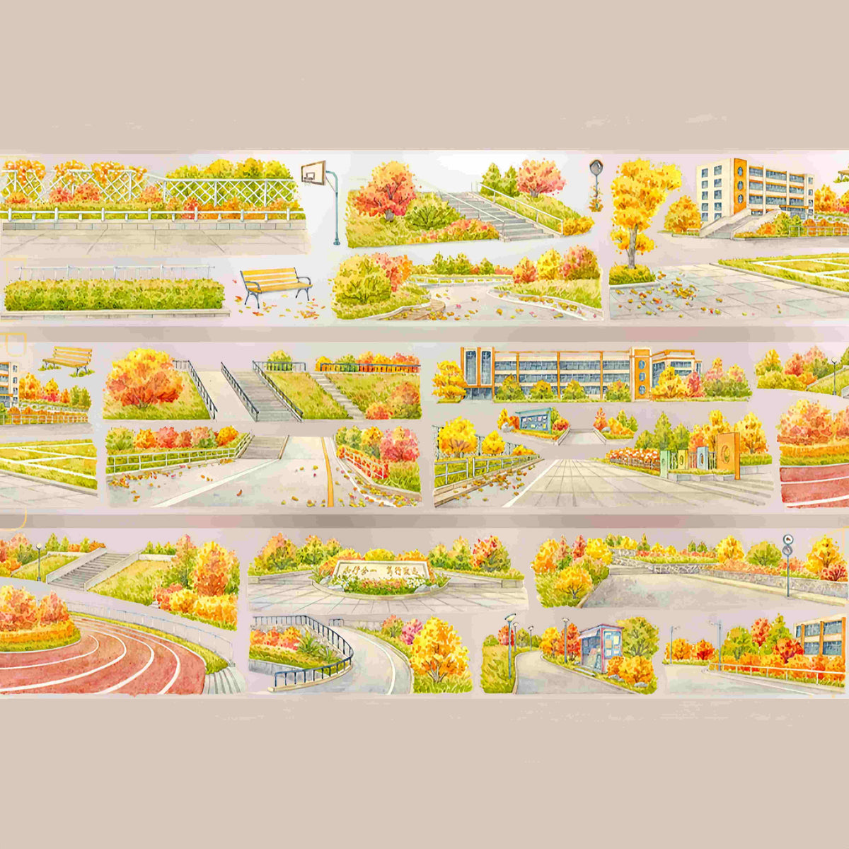 Design from the 10-piece Autumn Town & Garden Collection decorative tape, featuring an autumn townscape motif