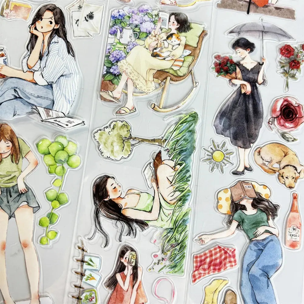 Three Slow Life Girls PET sticker strips — watercolor illustrated girls reading, watering plants, walking dog, carrying flowers