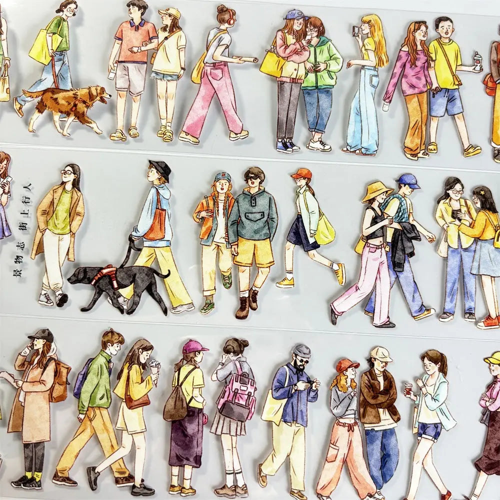 Illustrated people walking: couple chatting, person with shopping bag, woman on phone — City Walkers tape