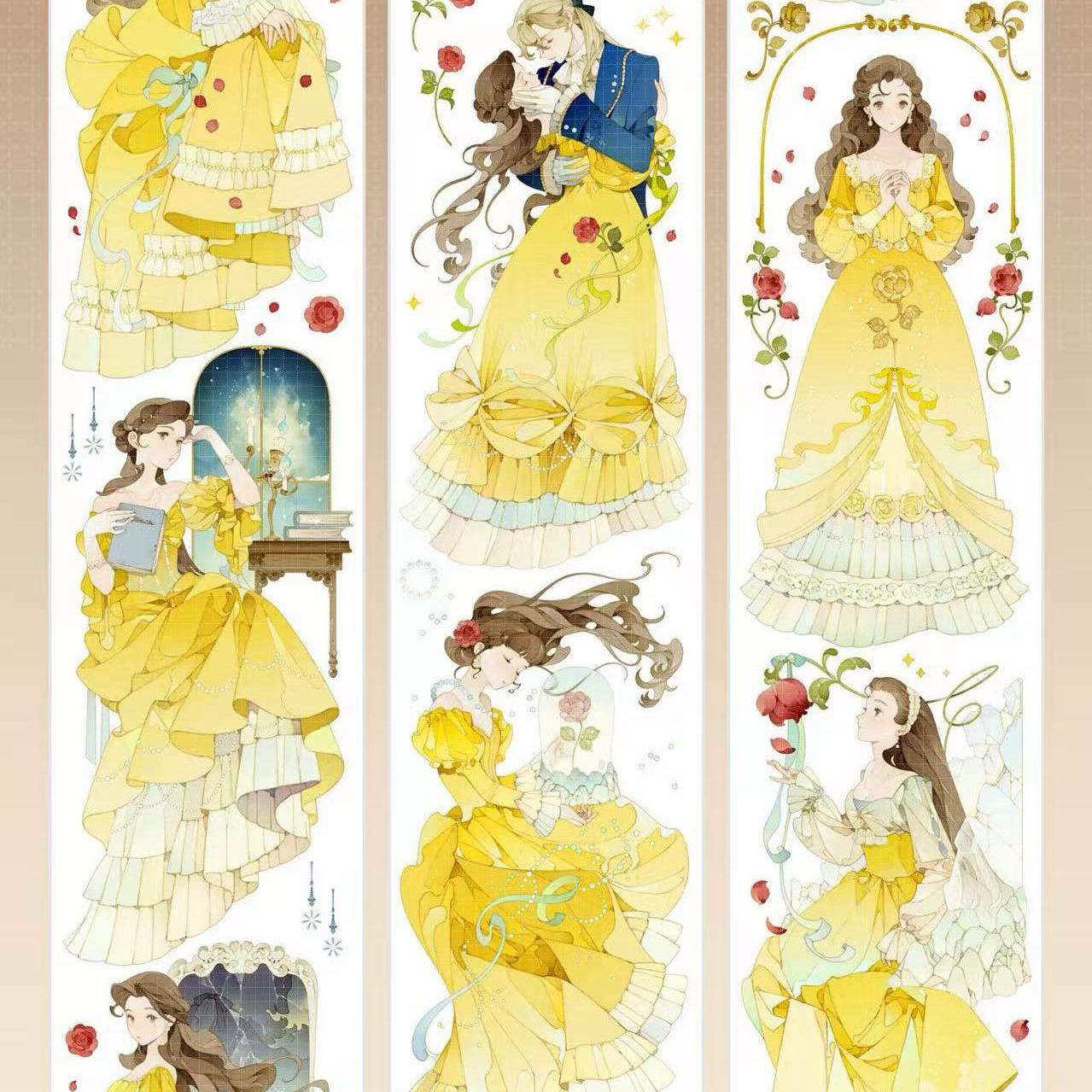 Beauty and the Beast Belle character PET tape showing Belle in yellow ball gown with ballroom dance scenes and roses