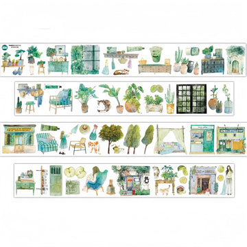 Greenery Home PET Tape with plants and interior decor illustrations