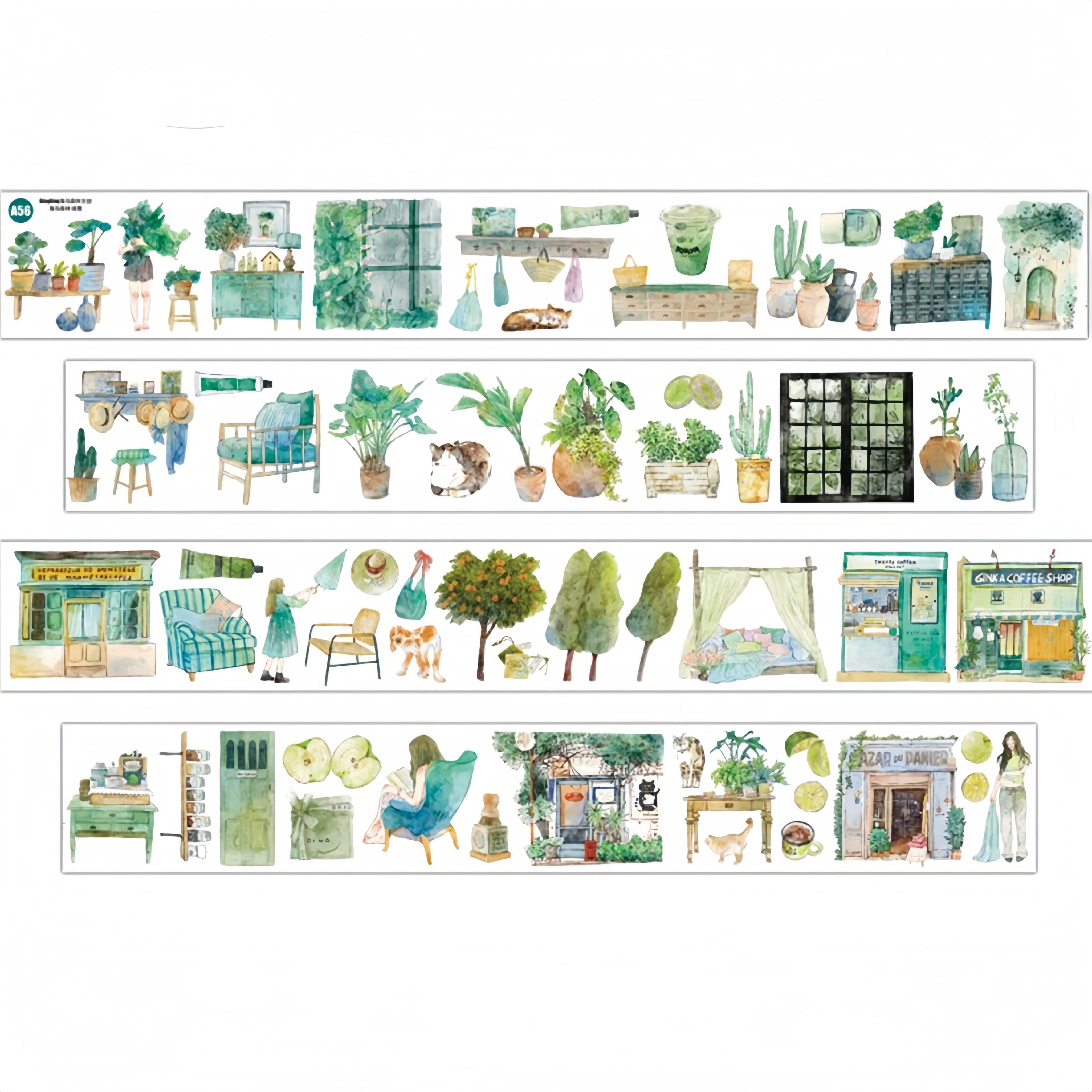 Greenery Home PET Tape with plants and interior decor illustrations