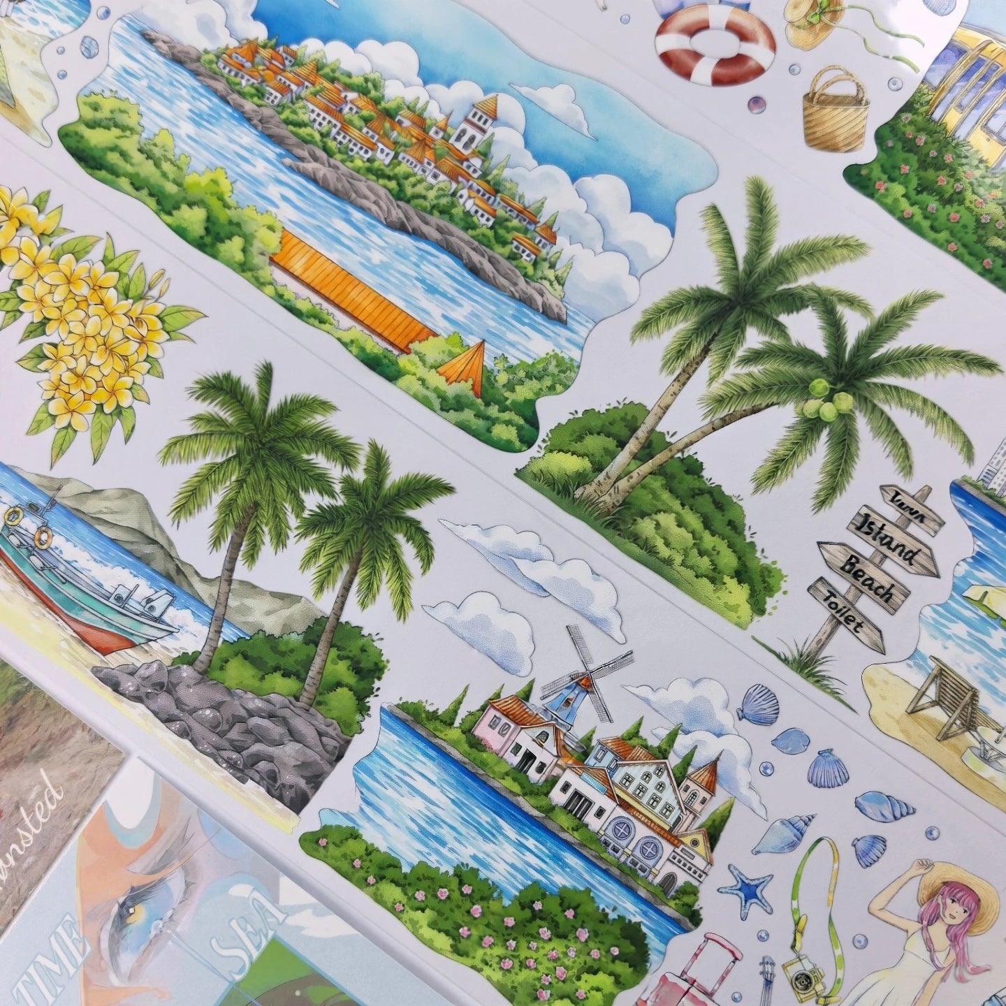 Midsummer Tide PET tape with coastal villages, palm trees, and blue water