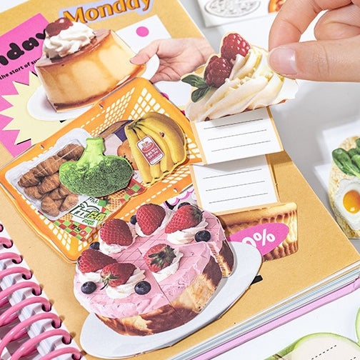 Fragments scrapbook kit with no-cut food pieces, daily notes, photo layouts, memory book cards, and handmade paper scenes