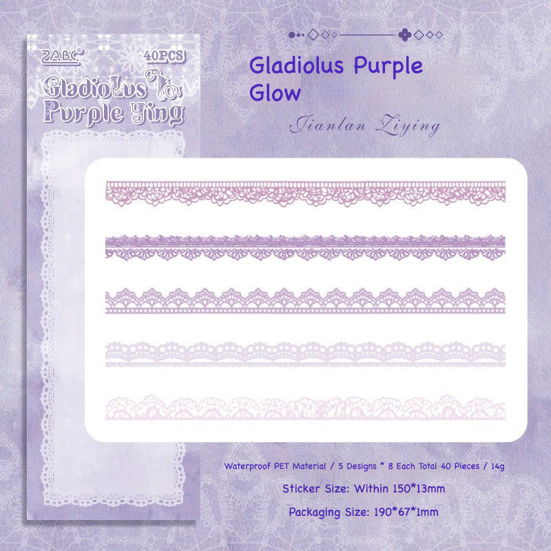 Delicate lace trim sticker strips in white, cream, purple and pink for journaling borders