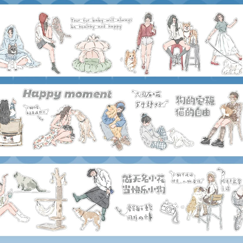 Happy Moment Pets decorative tape strip with blue borders and playful pet moments