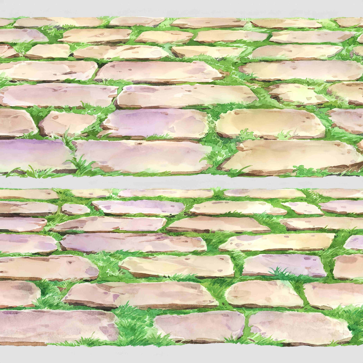 Ground Scenery PET Tape – pale cobblestone pavement design with green grass filling the joints