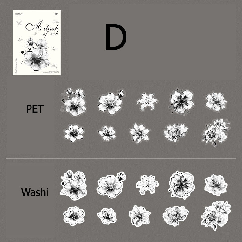 Minimalist ink-wash floral sticker design in soft monochrome tones