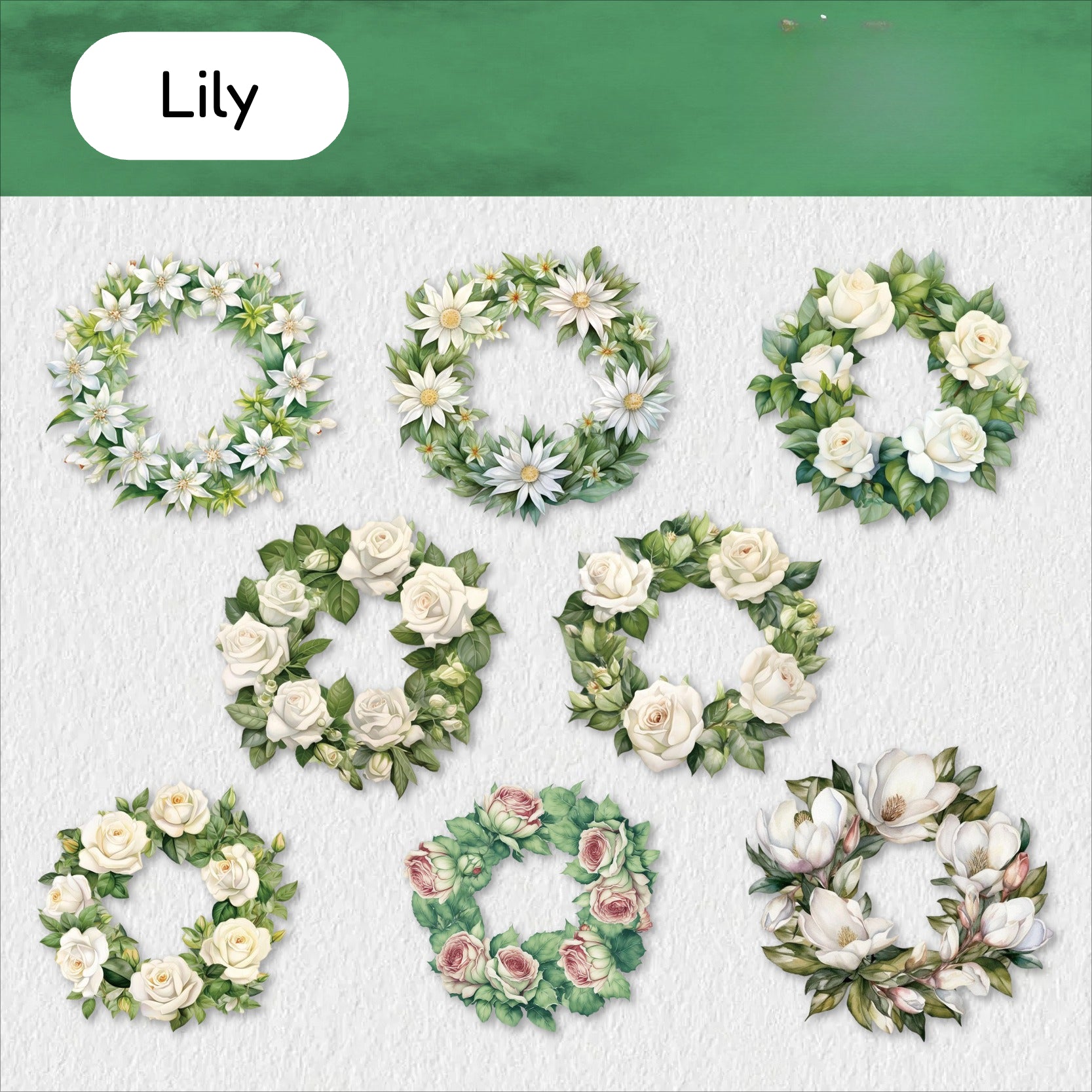 Lily style floral wreath sticker sheet with white lilies, green leaves, and soft neutral wreaths