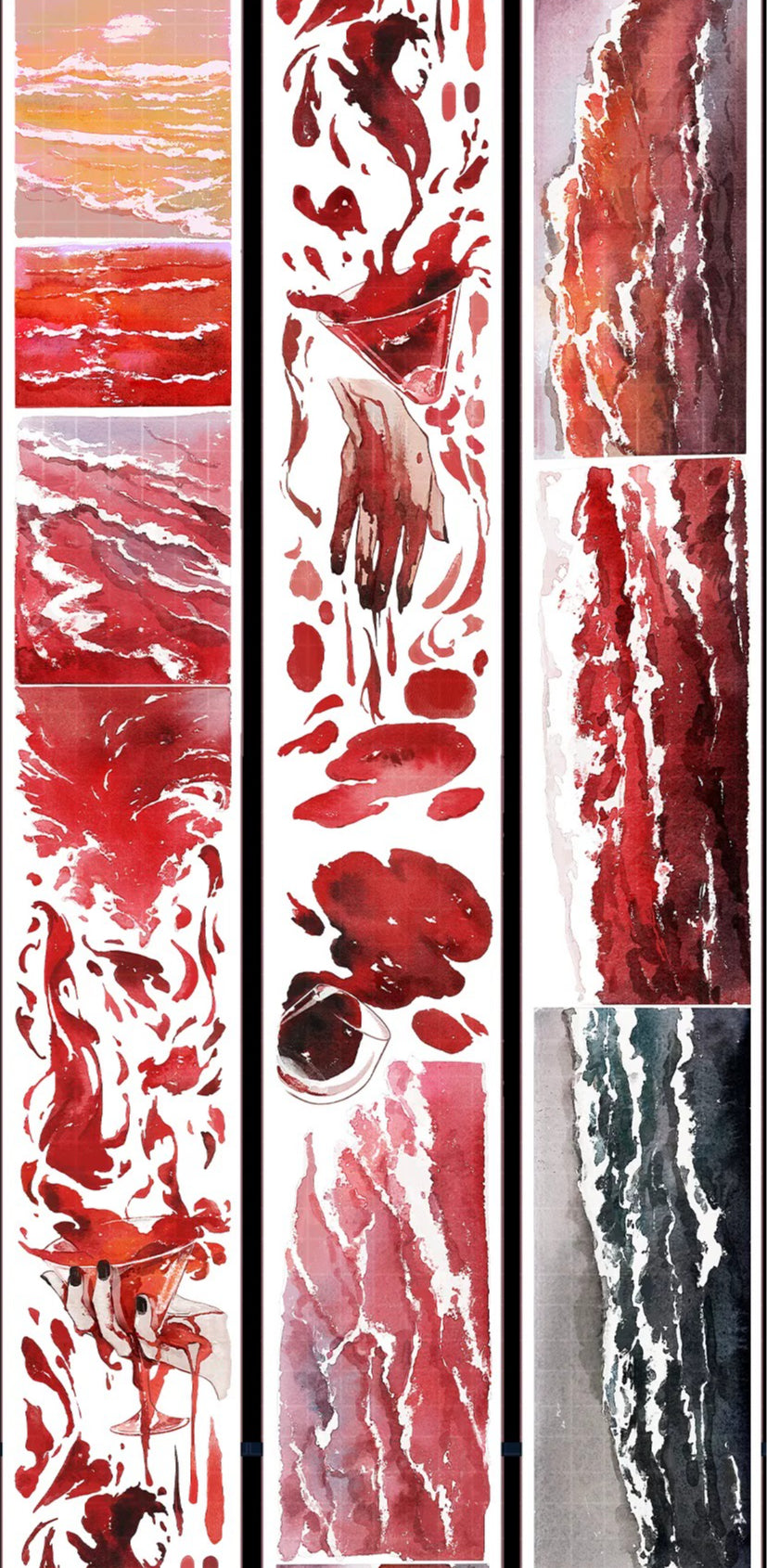 Red ocean watercolor PET tape with coral-toned waves and dramatic sea panels