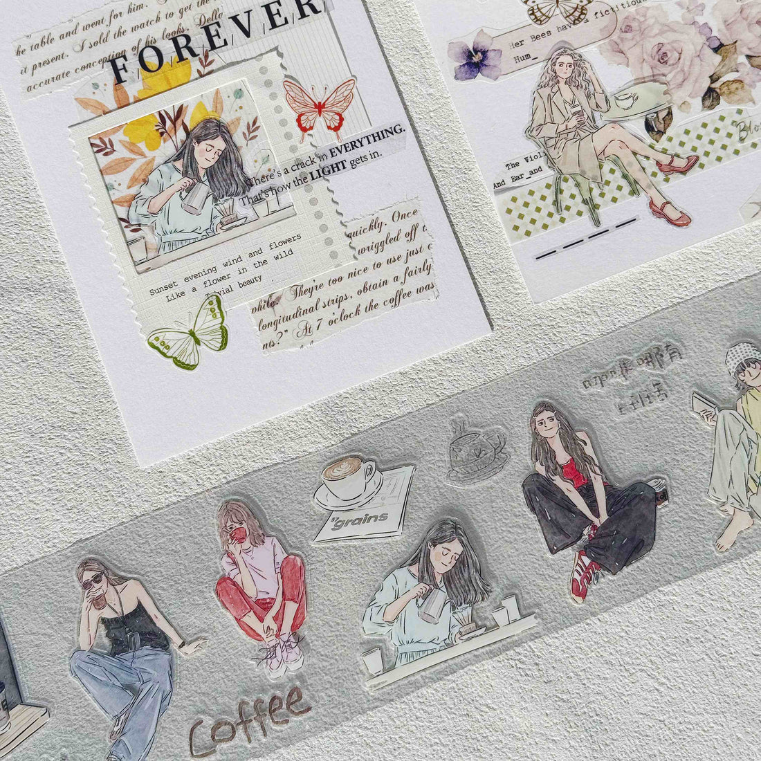 Coffee girl die-cut decorative tape with cafe characters and journaling collage pages