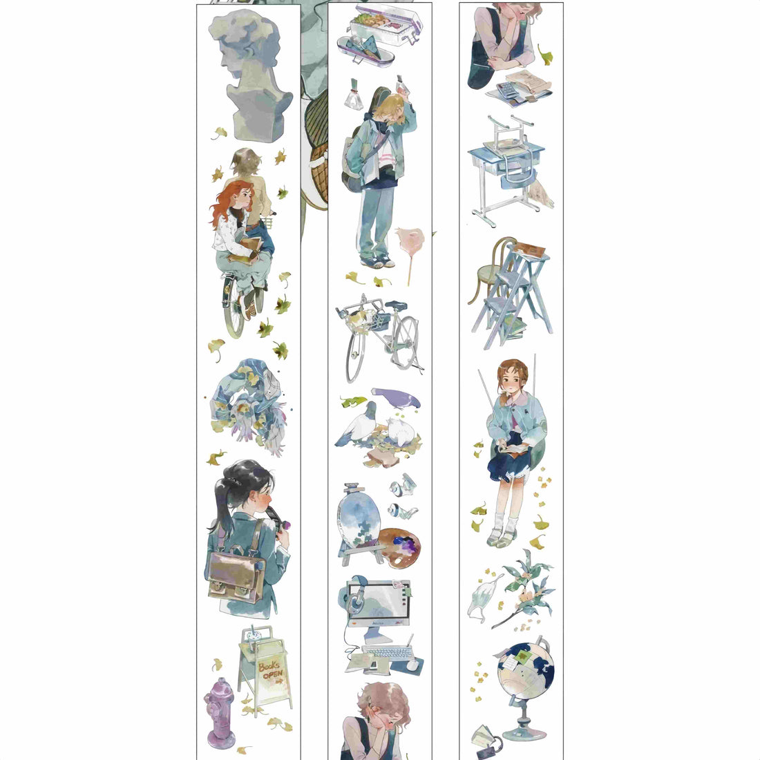 Anime-style illustrations of a student with a backpack, a book stand sign, and a fire hydrant, accented with ginkgo leaves
