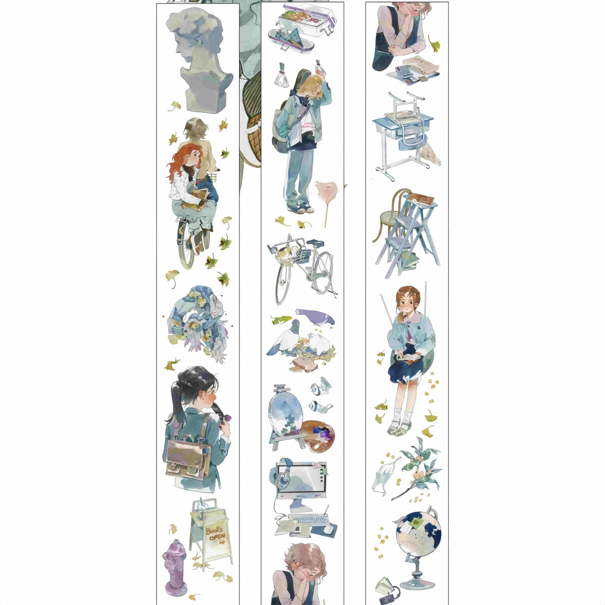 Anime-style campus life illustrations including a plaster bust, students on a bicycle, a school desk and chair, and a globe, with ginkgo leaf accents