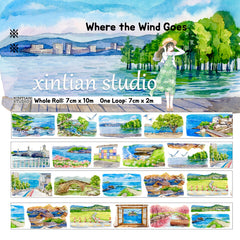 Delicate XINTIAN Scenery Series PET washi tape showcasing watercolor seaside towns and lush valleys for creative crafts.