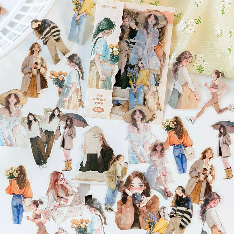 PET sticker pack with Korean fashion character girls, casual outfits, coffee, cakes, flowers, pets, and lifestyle details