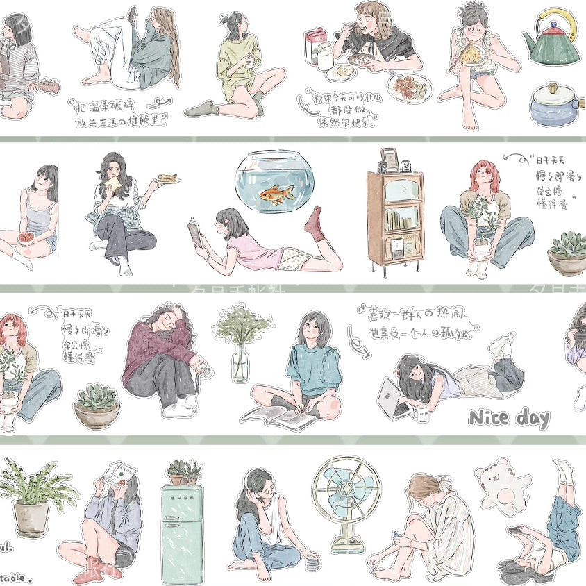 Quiet Moments Character PET tape strip with journaling girls, plants, and quiet scenes