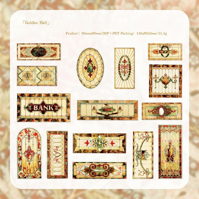 Golden Hall stained glass sticker sheet with golden vintage panels, ornate borders, and framed glass designs