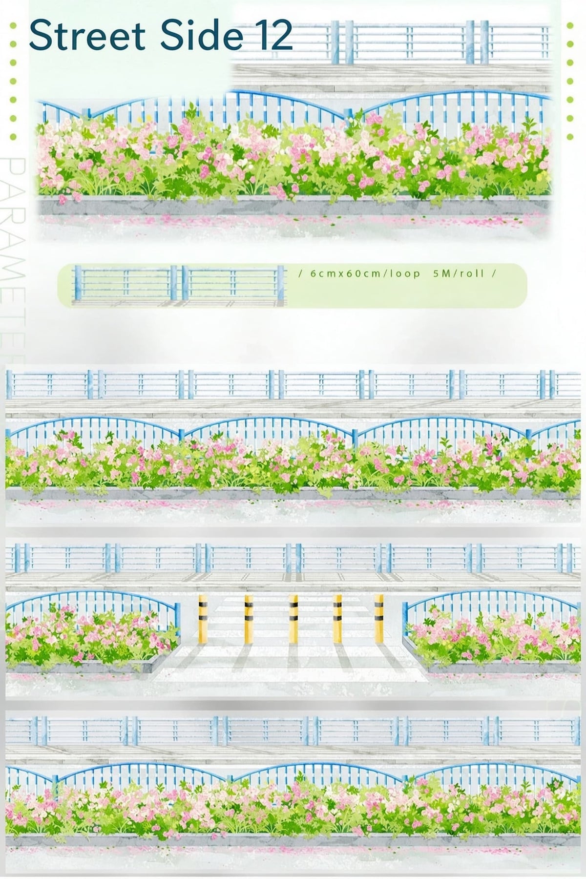 PET tape featuring "Street Side 12 Railing-Free" floral curb border