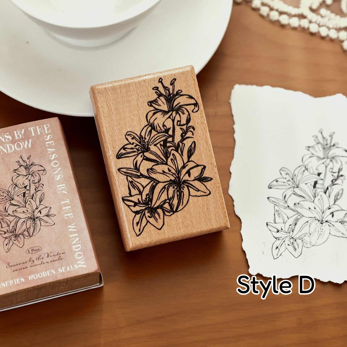 Wooden stamp set with seasonal window frame designs