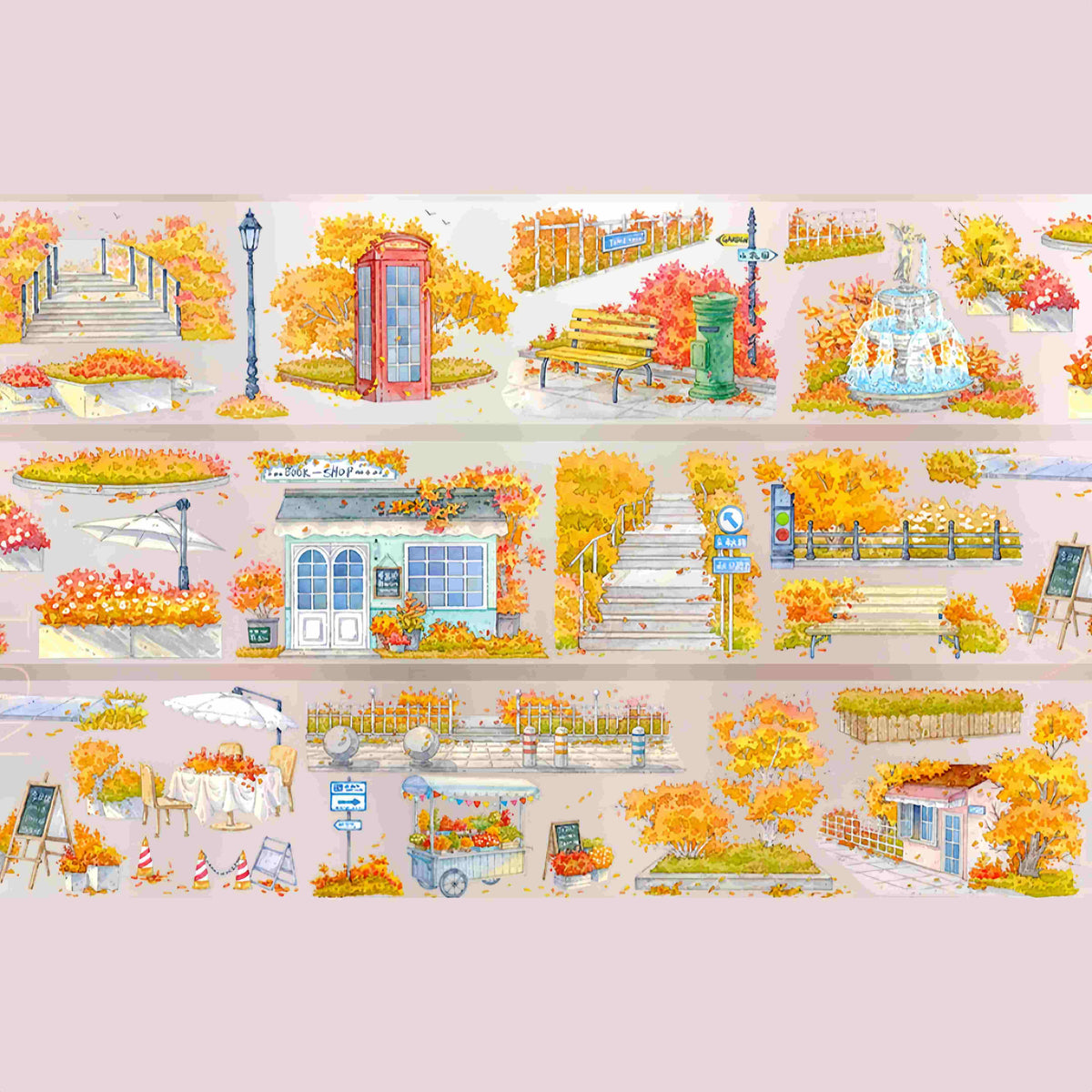 Design from the 10-piece Autumn Town & Garden Collection decorative tape, featuring an autumn townscape motif