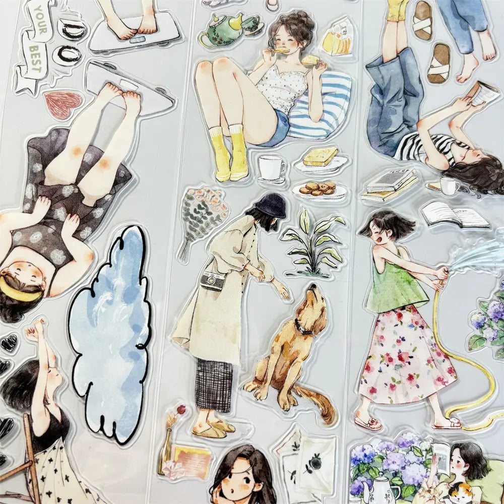 Close-up of Slow Life Girls sticker strips — illustrated girls in cozy scenes with cloud stickers, dog walking, watering hose, reading