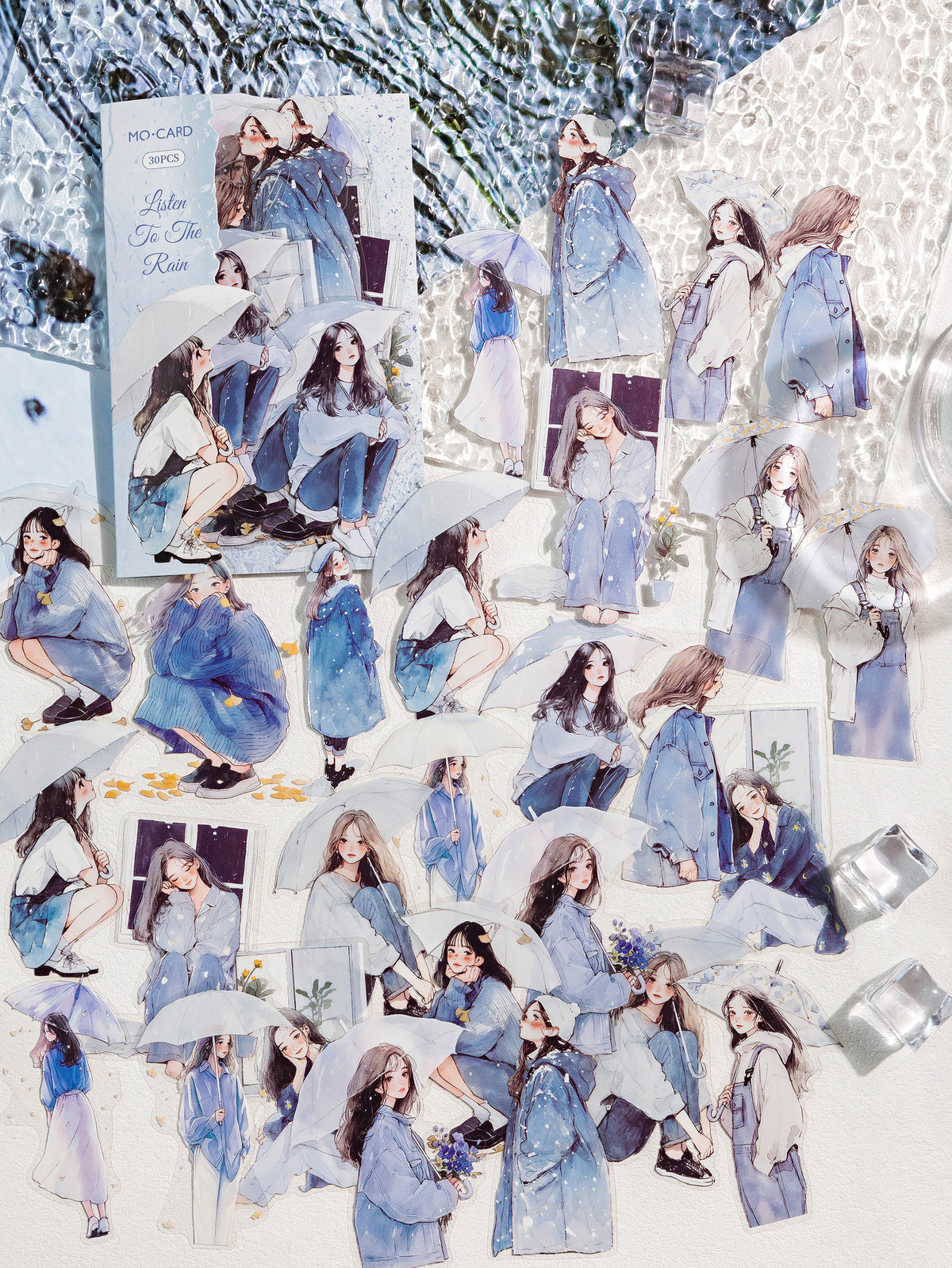 Die-cut stickers of a girl in a coat holding an umbrella in the rain