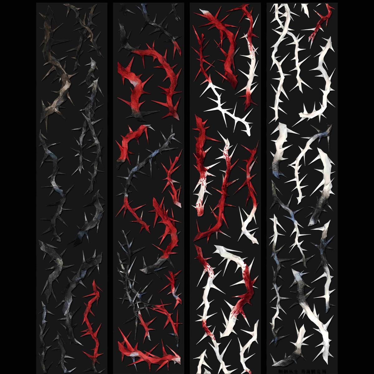 Four strips of white, red and black thorn tape