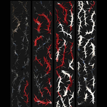 Four strips of white, red and black thorn tape