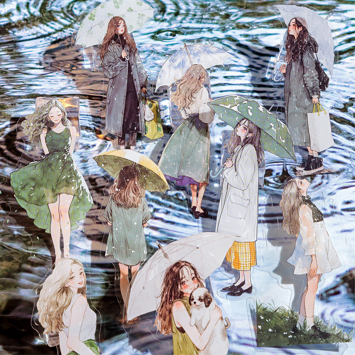Die-cut stickers of girls walking with umbrellas in the rain