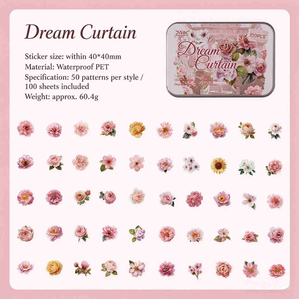 Dream Curtain style: 50 pink and yellow flower sticker designs