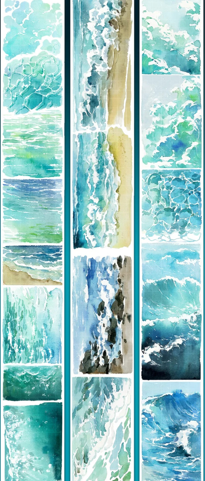 Green ocean watercolor PET tape with aqua waves and underwater textures